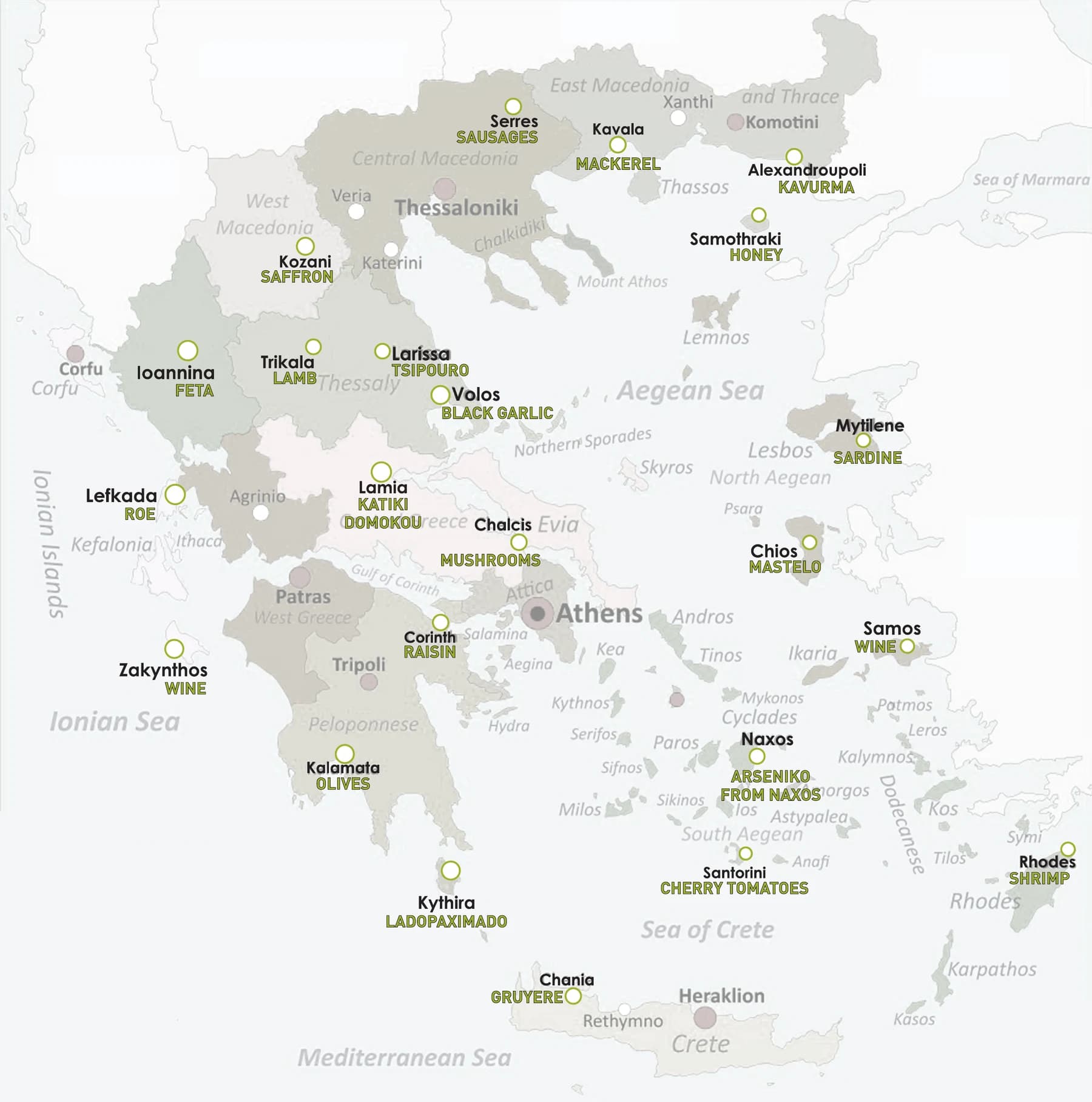 Map of Greece showing where Ta Pinakia sources each ingredient — feta from Ioannina, lamb from Trikala, saffron from Kozani, olives from Kalamata, cherry tomatoes from Santorini, gruyere from Chania and more