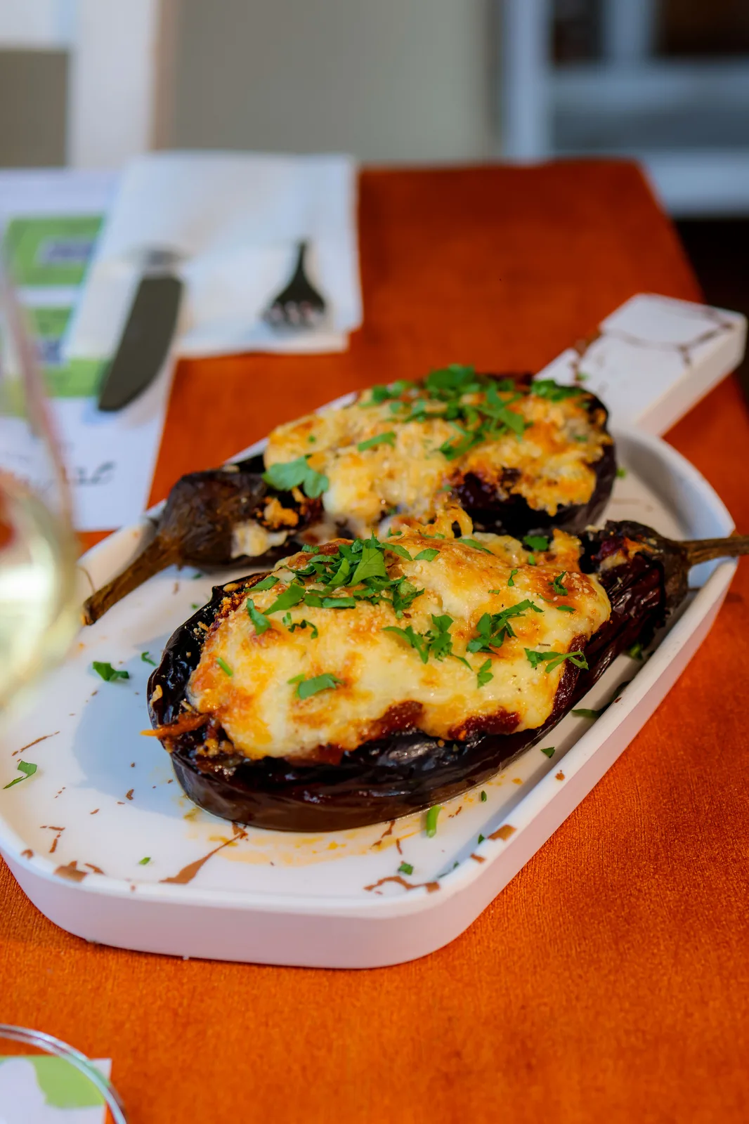 Stuffed eggplant with melted cheese